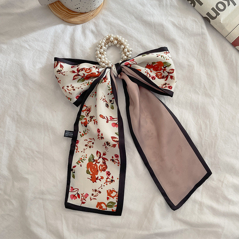 French Style Bow Pearl Hair Scarf - Various Colours
