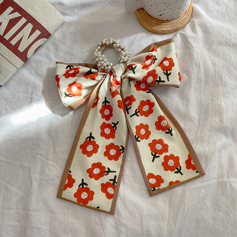 French Style Bow Pearl Hair Scarf - Various Colours