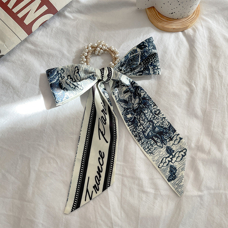 French Style Bow Pearl Hair Scarf - Various Colours
