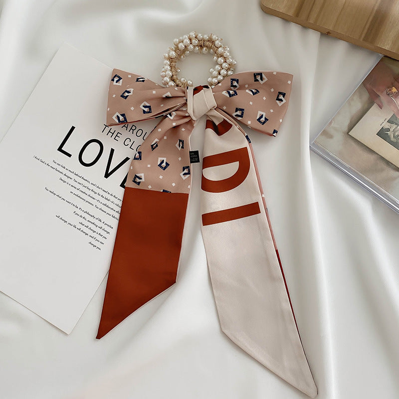 French Style Bow Pearl Hair Scarf - Various Colours