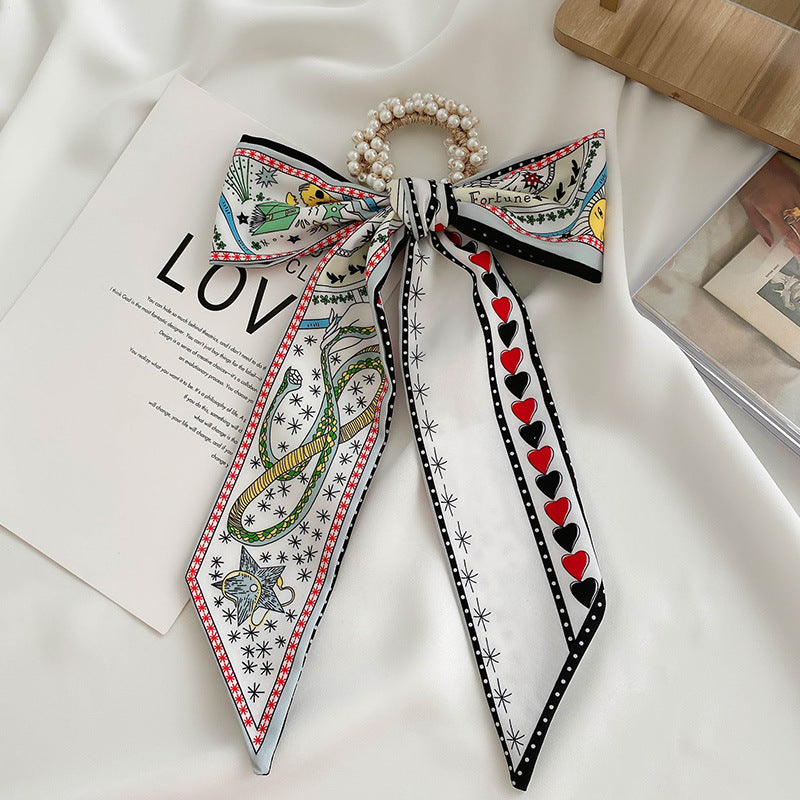 French Style Bow Pearl Hair Scarf - Various Colours