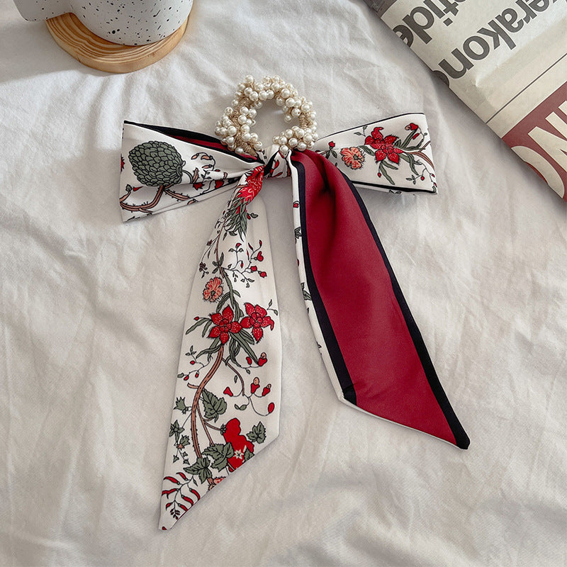 French Style Bow Pearl Hair Scarf - Various Colours