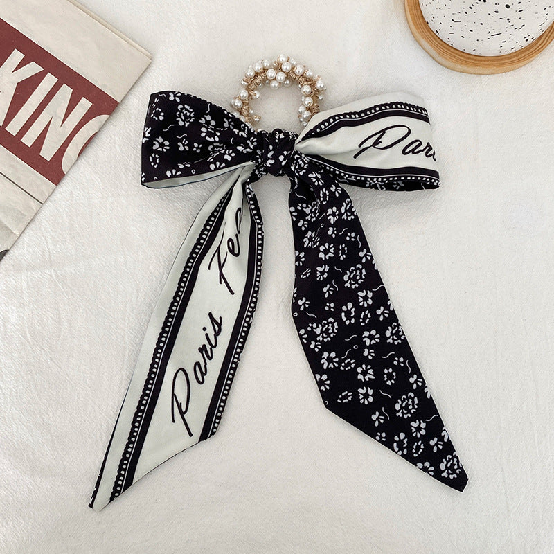 French Style Bow Pearl Hair Scarf - Various Colours