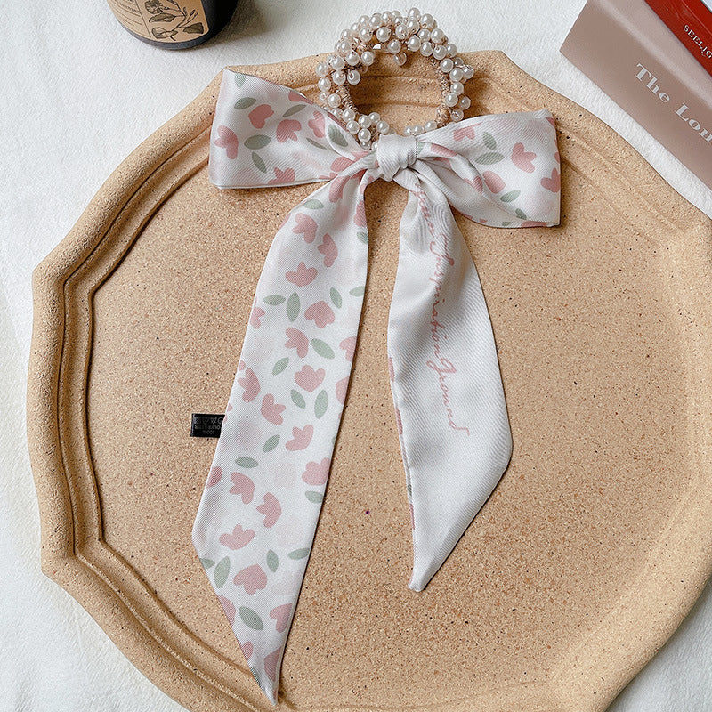 French Style Bow Pearl Hair Scarf - Various Colours