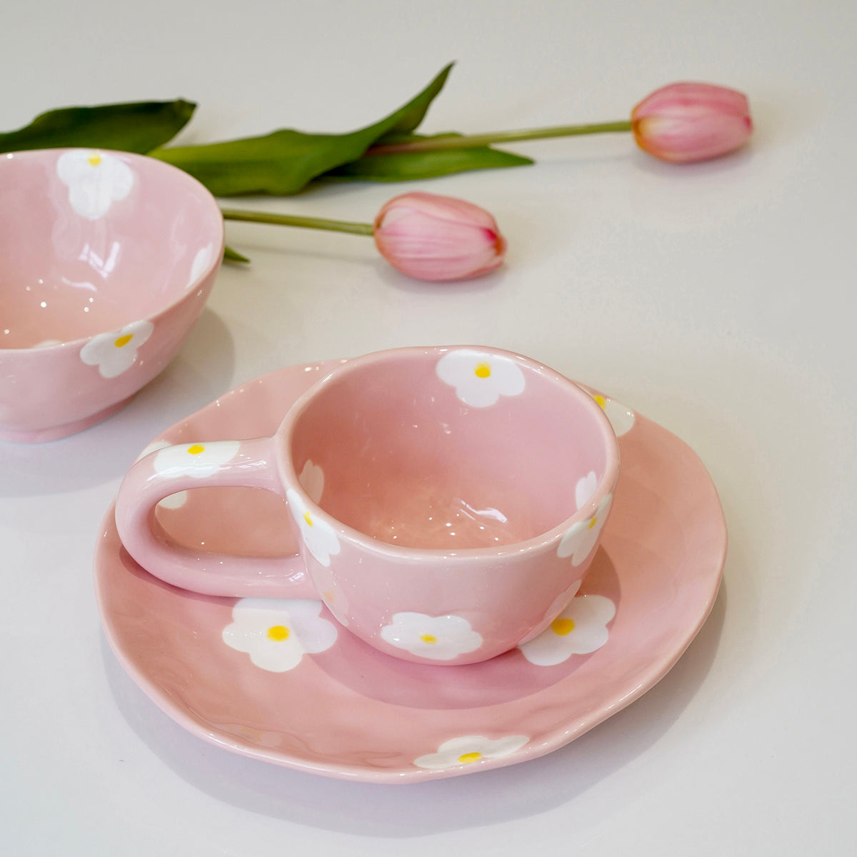 Ceramic Painted Flower Plate And Bowl Mug