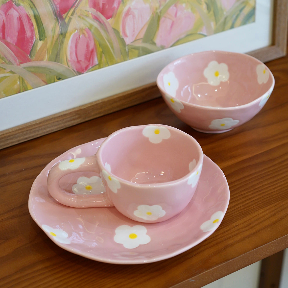 Ceramic Painted Flower Plate And Bowl Mug