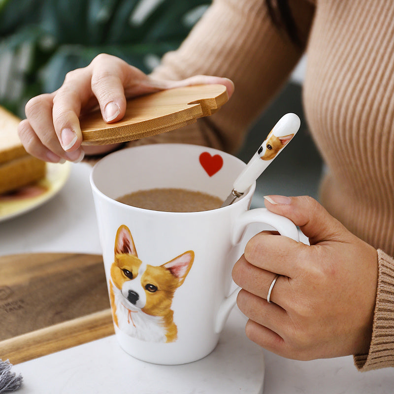 Animal Corgi Dog Ceramic Cup And Spoon Set