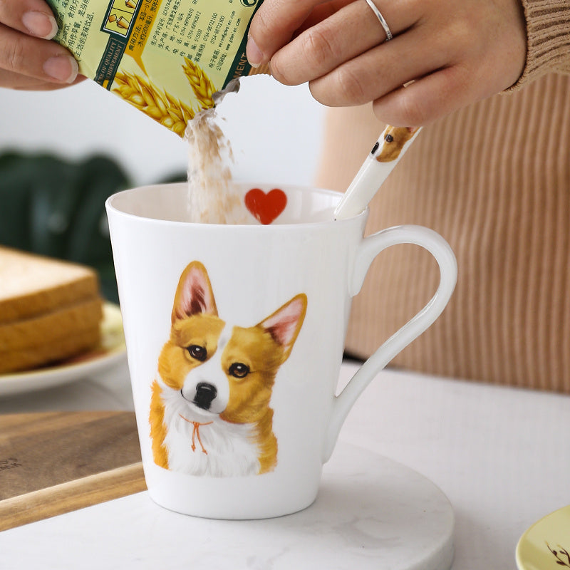 Animal Corgi Dog Ceramic Cup And Spoon Set