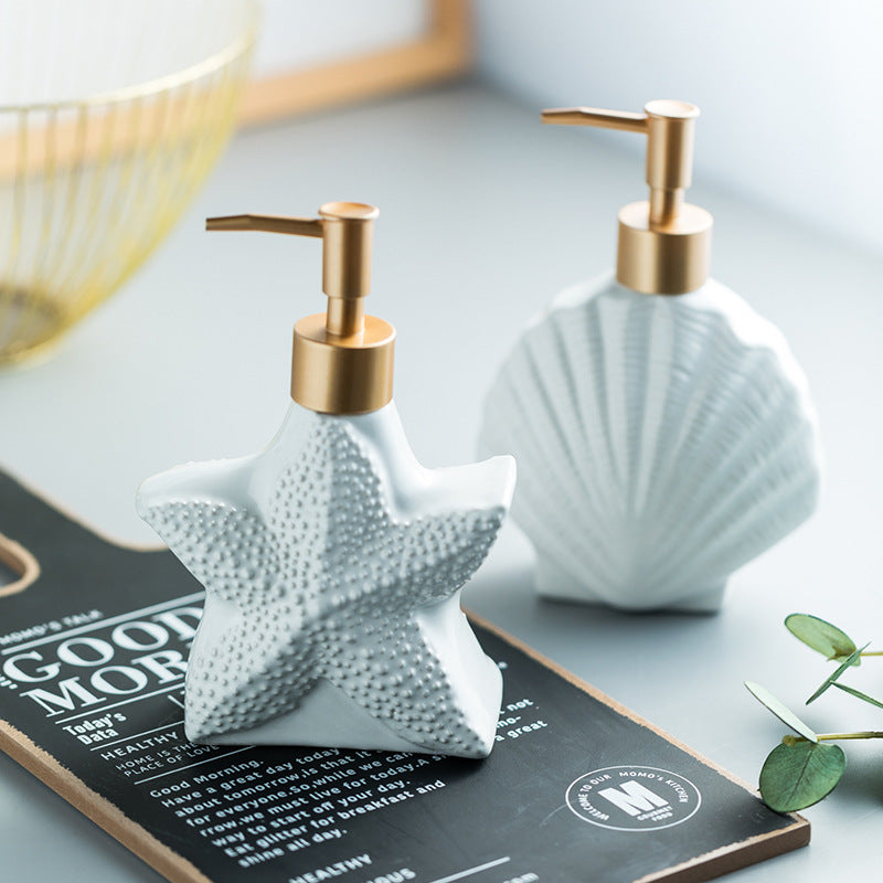 Ceramic Bathroom Soap and Hand Lotion Dispensers - Starfish And Seashell